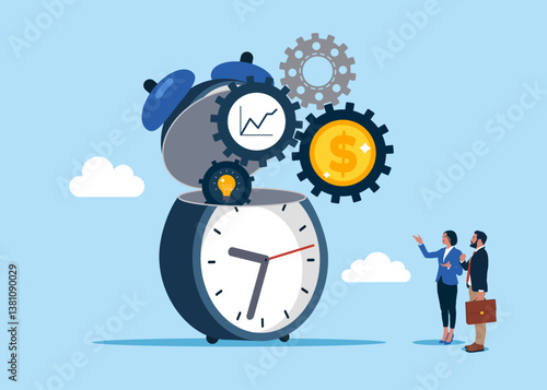 Open alarm to see gear cogs to spin time. Effort and time to make money, success long term investment, deadline effect. AI assistant support. Value increases over time. Modern flat vector illustration
