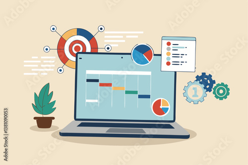 Project management, planning for software development, resources and budget planning, project schedule diagram, Gantt chart for work deadline concept, computer laptop with project management software.