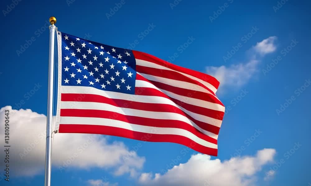 American Flag Pole, Blowing in Wind with Blue Sky Background. America Independence Day July 4th Holiday American Flag Pole, Blowing in Wind with Blue Sky Background. America Independence Day July 4th Holiday