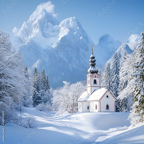church in the mountains winter vibes On white background