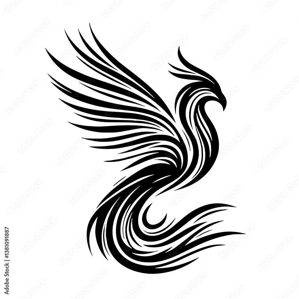 Fototapeta premium Stylized phoenix sketch in black and white representing rebirth, immortality, or a logo design with copy space