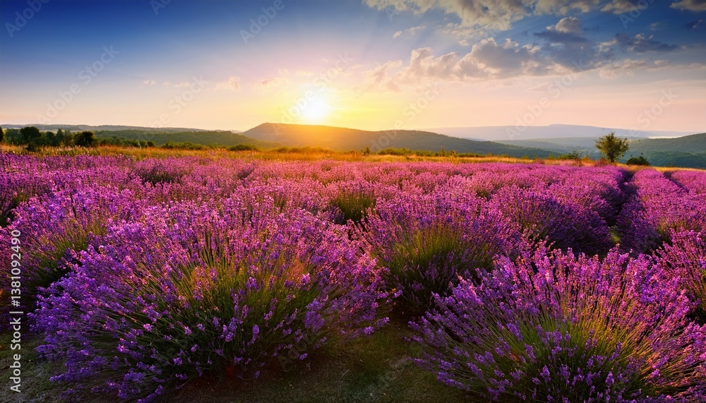 Obraz premium sunset on meadow of lavender