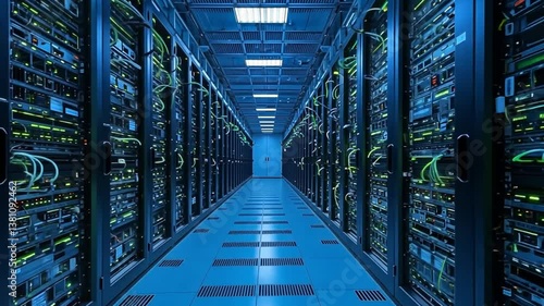 Inside a Modern Data Center: Rows of Servers and Network Infrastructure