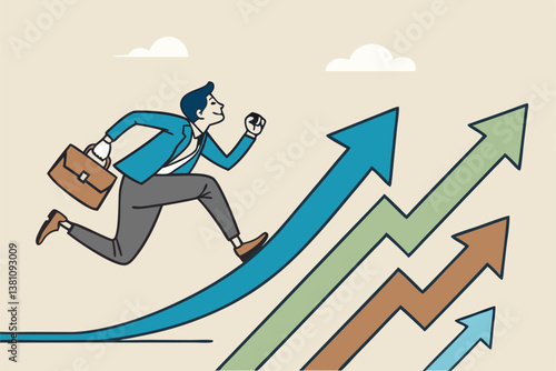 Career decision, choosing direction choices for future opportunity, different path to success, decide or progress options for career growth concept, businessman running to different arrow pathway.