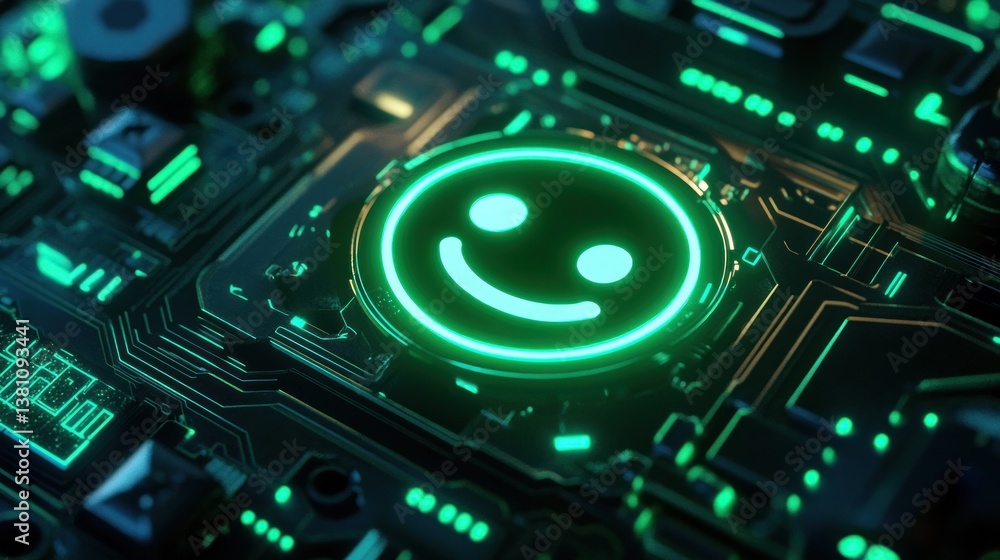 Smiling chat bot icon glowing on a circuit board, symbolizing artificial intelligence, technology, and digital communication on a futuristic background Smiling chat bot icon glowing on a circuit board, symbolizing artificial intelligence, technology, and digital communication on a futuristic background