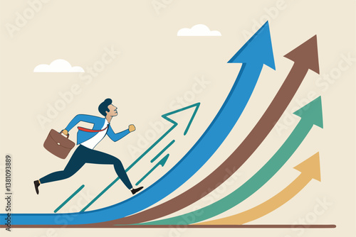 Career decision, choosing direction choices for future opportunity, different path to success, decide or progress options for career growth concept, businessman running to different arrow pathway.