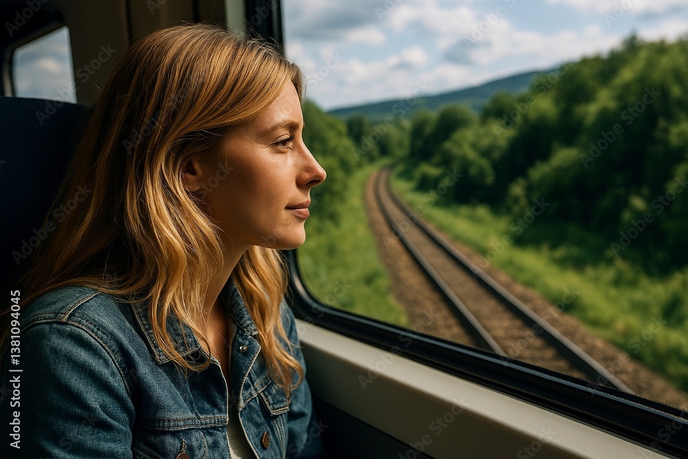 Scenic Portrait of a Young Woman Traveling by Train Through Countryside