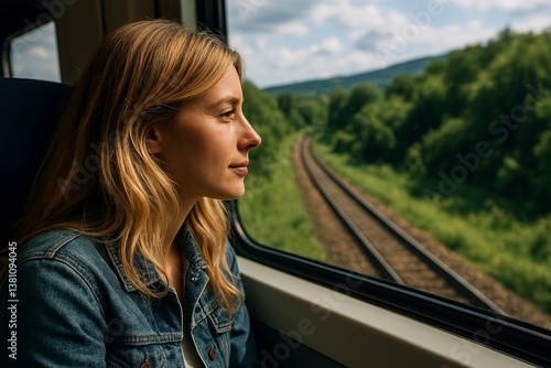 Obraz na płótnie Scenic Portrait of a Young Woman Traveling by Train Through Countryside w salonie