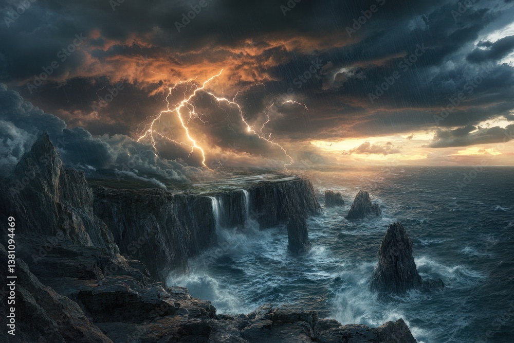 Fototapeta premium Dramatic lightning strikes over rugged cliffs and crashing waves at sunset