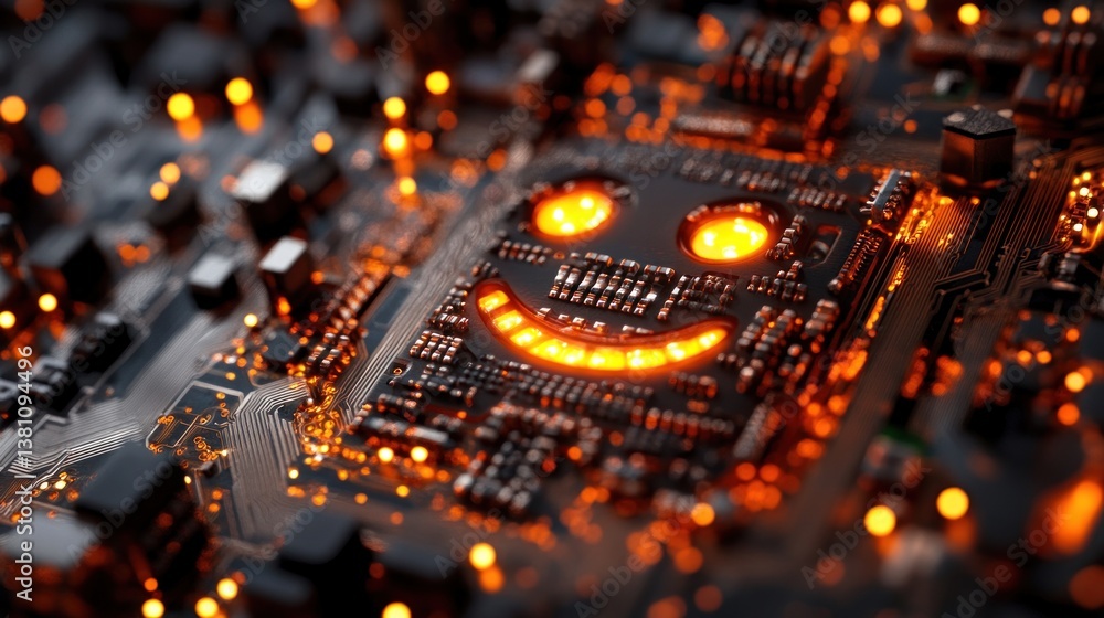 Smiling robot face integrated into a circuit board, glowing with orange lights, representing friendly artificial intelligence and technology integration Smiling robot face integrated into a circuit board, glowing with orange lights, representing friendly artificial intelligence and technology integration