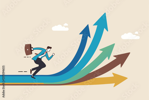 Career decision, choosing direction choices for future opportunity, different path to success, decide or progress options for career growth concept, businessman running to different arrow pathway.