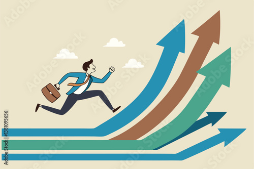 Career decision, choosing direction choices for future opportunity, different path to success, decide or progress options for career growth concept, businessman running to different arrow pathway.