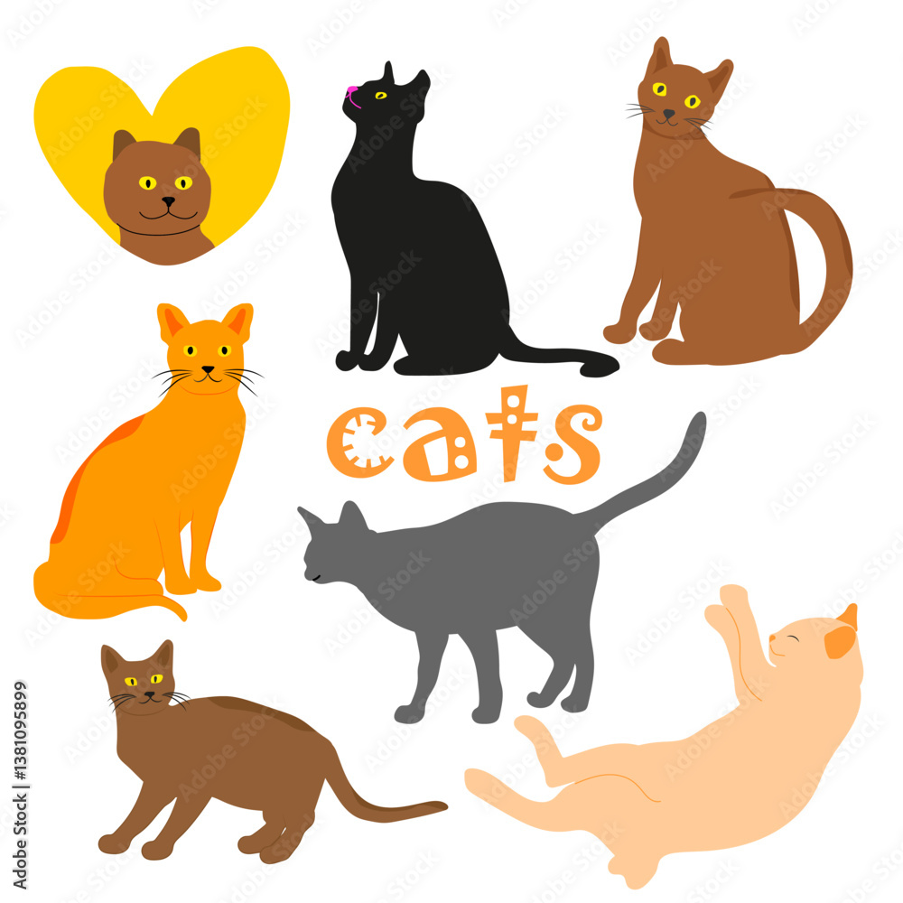 Fototapeta premium A collection of adorable cats depicting members of the feline family in different poses and different colors, including black, orange and gray cats.