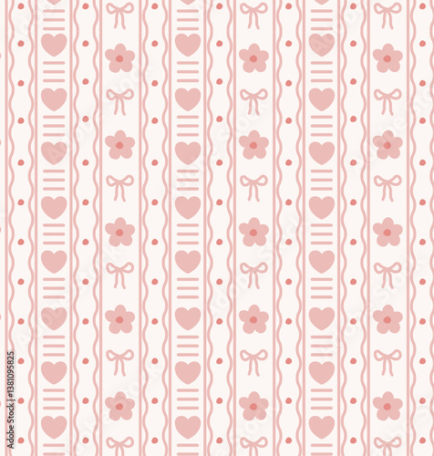 Trendy vintage pattern with hearts, bows and vertical stripes. Cute pink print with delicate flowers and bows. Seamless background for wallpaper, fabric, packaging and web.