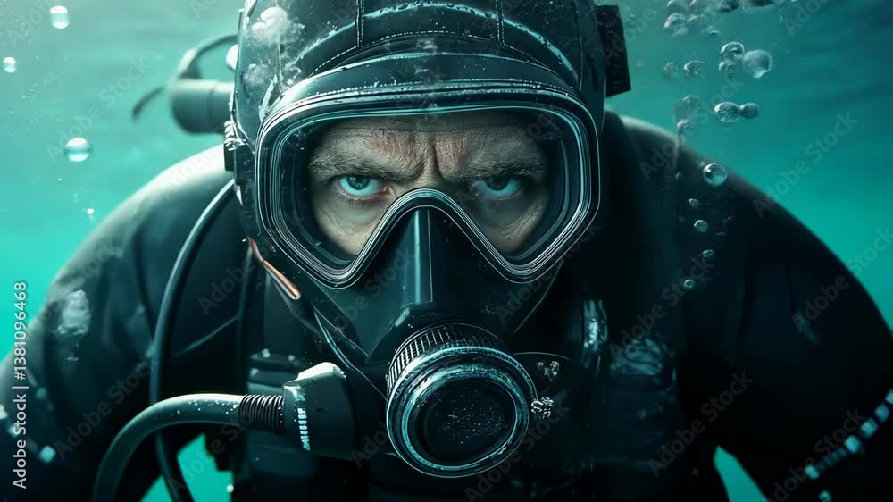 Close up of an industrial diver working underwater in challenging conditions with advanced gear and support systems Close up of an industrial diver working underwater in challenging conditions with advanced gear and support systems