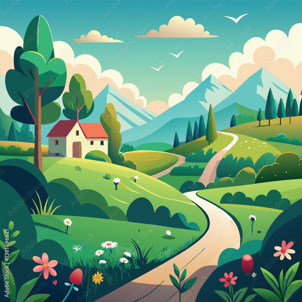 Fototapeta premium Digital Art Countryside with a Charming House and Peaceful Nature Vibes