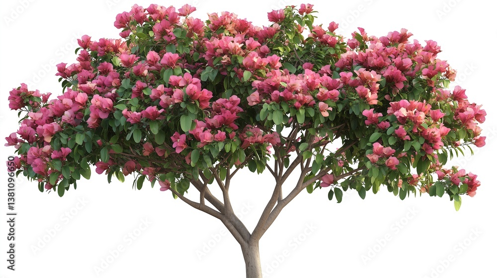 Tree with pink flowers and green leaves isolated on white Tree with pink flowers and green leaves isolated on white