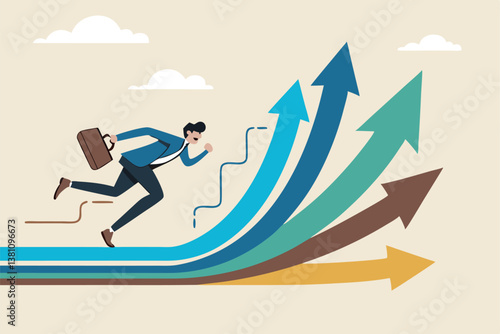 Career decision, choosing direction choices for future opportunity, different path to success, decide or progress options for career growth concept, businessman running to different arrow pathway.