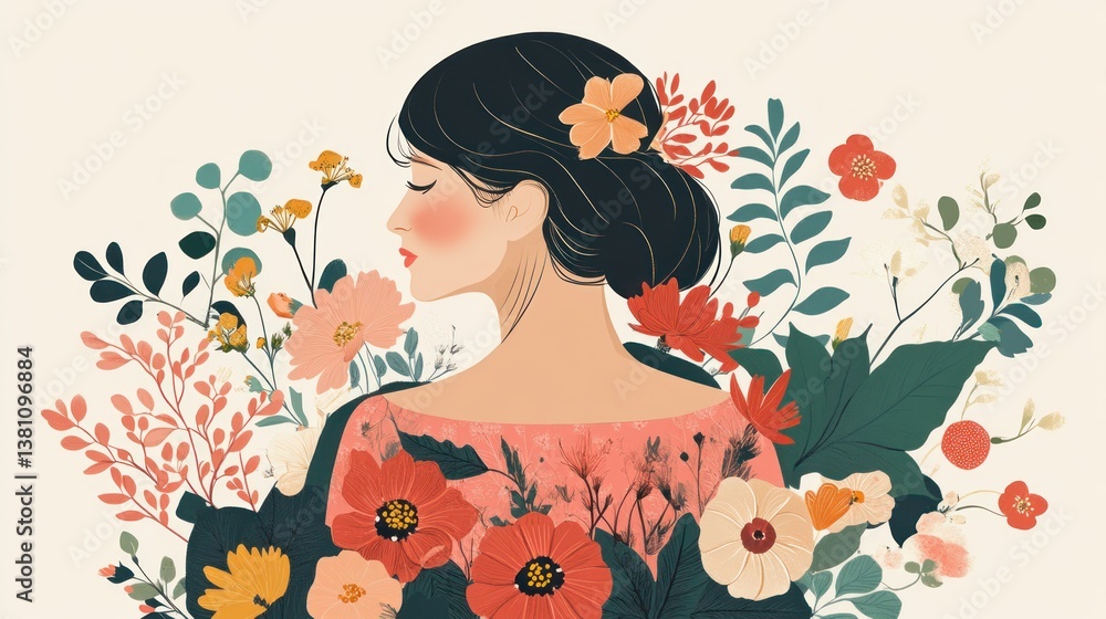 A woman adorned with flowers and surrounded by foliage A woman adorned with flowers and surrounded by foliage