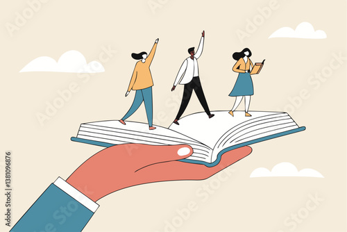 Employee handbook, manual for onboarding new staff, procedure or rule for welcome new hire to know company, business manual for success concept, businessman hand holding handbook with new employees.