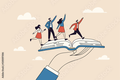Employee handbook, manual for onboarding new staff, procedure or rule for welcome new hire to know company, business manual for success concept, businessman hand holding handbook with new employees.
