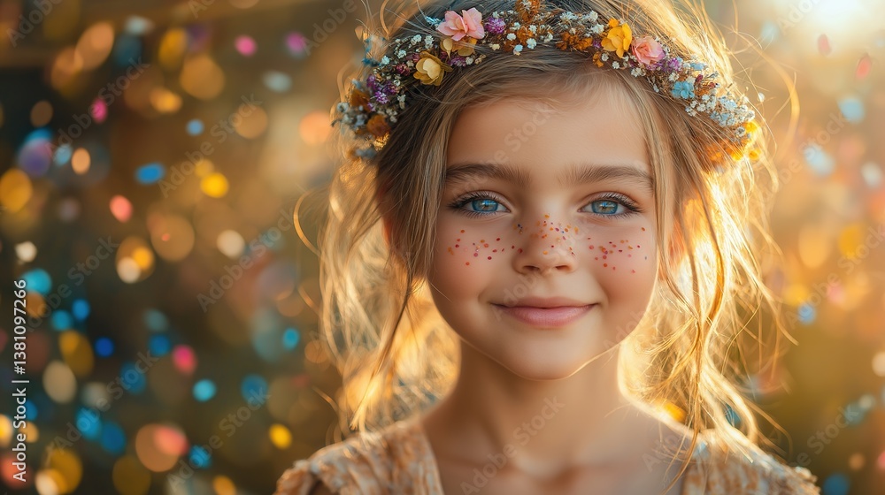 A child's joyful smile with a flower crown, confetti in the air, celebrating innocence and happiness on International Children's Day A child's joyful smile with a flower crown, confetti in the air, celebrating innocence and happiness on International Children's Day