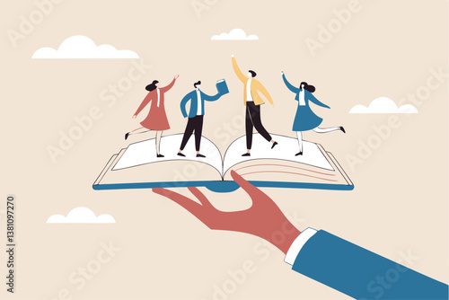 Employee handbook, manual for onboarding new staff, procedure or rule for welcome new hire to know company, business manual for success concept, businessman hand holding handbook with new employees.