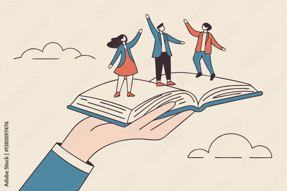 Fototapeta premium Employee handbook, manual for onboarding new staff, procedure or rule for welcome new hire to know company, business manual for success concept, businessman hand holding handbook with new employees.