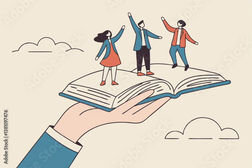 Employee handbook, manual for onboarding new staff, procedure or rule for welcome new hire to know company, business manual for success concept, businessman hand holding handbook with new employees.