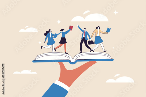 Employee handbook, manual for onboarding new staff, procedure or rule for welcome new hire to know company, business manual for success concept, businessman hand holding handbook with new employees.