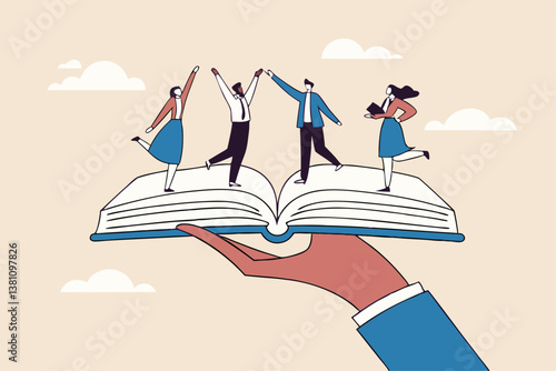 Employee handbook, manual for onboarding new staff, procedure or rule for welcome new hire to know company, business manual for success concept, businessman hand holding handbook with new employees.