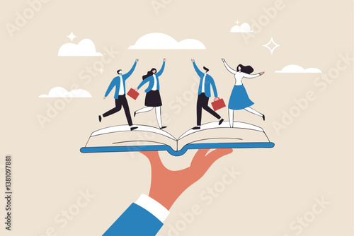 Employee handbook, manual for onboarding new staff, procedure or rule for welcome new hire to know company, business manual for success concept, businessman hand holding handbook with new employees.