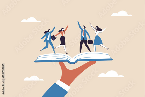 Employee handbook, manual for onboarding new staff, procedure or rule for welcome new hire to know company, business manual for success concept, businessman hand holding handbook with new employees.
