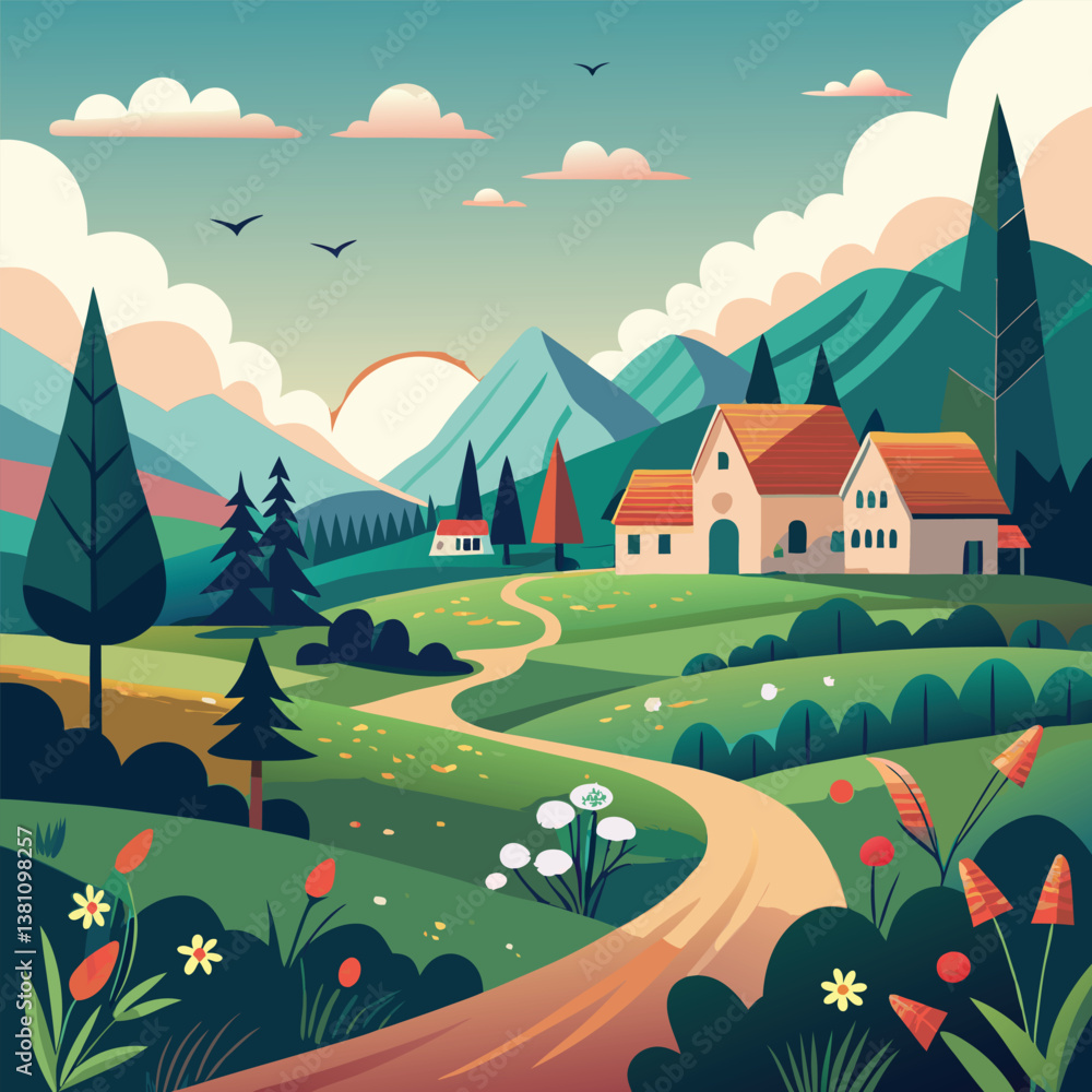 Fototapeta premium Stunning Vector Landscape with Hills, Cottages, and a Tranquil Atmosphere