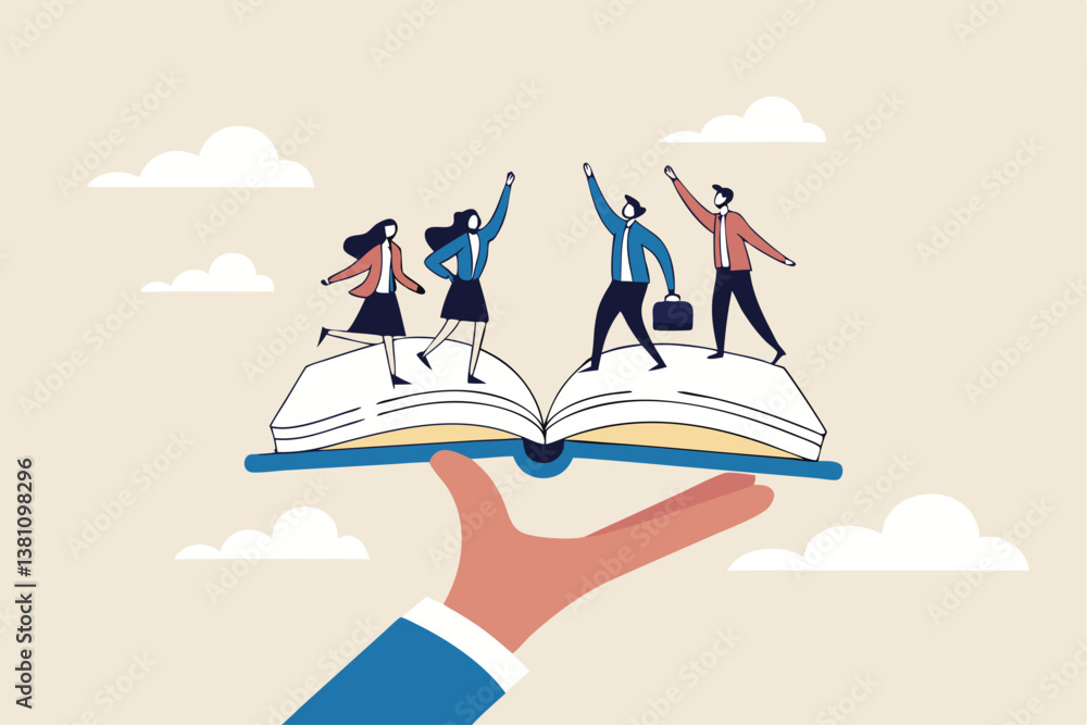 Obraz premium Employee handbook, manual for onboarding new staff, procedure or rule for welcome new hire to know company, business manual for success concept, businessman hand holding handbook with new employees.