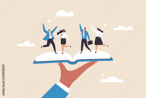 Employee handbook, manual for onboarding new staff, procedure or rule for welcome new hire to know company, business manual for success concept, businessman hand holding handbook with new employees.