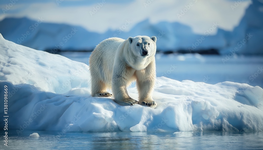 polar bear on melting ice floe in arctic ocean, symbolizing climate change and habitat loss, with stunning blue landscape
polar bear on melting ice floe in arctic ocean, symbolizing climate change and habitat loss, with stunning blue landscape