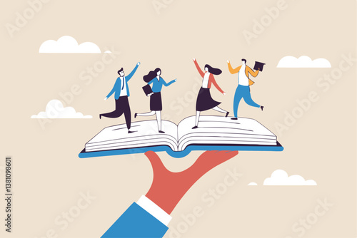 Employee handbook, manual for onboarding new staff, procedure or rule for welcome new hire to know company, business manual for success concept, businessman hand holding handbook with new employees.