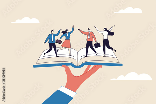 Employee handbook, manual for onboarding new staff, procedure or rule for welcome new hire to know company, business manual for success concept, businessman hand holding handbook with new employees.