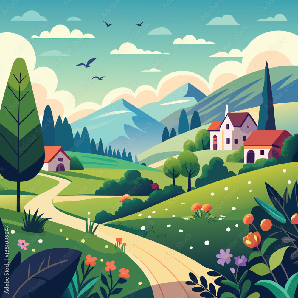 Fototapeta premium Charming Countryside Illustration with Rolling Meadows, a Cozy Cabin, and a Blue Sky
