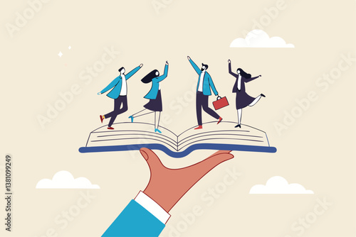 Employee handbook, manual for onboarding new staff, procedure or rule for welcome new hire to know company, business manual for success concept, businessman hand holding handbook with new employees.