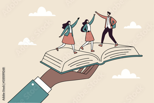 Employee handbook, manual for onboarding new staff, procedure or rule for welcome new hire to know company, business manual for success concept, businessman hand holding handbook with new employees.