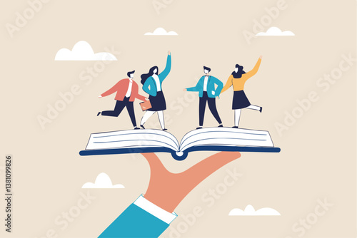 Employee handbook, manual for onboarding new staff, procedure or rule for welcome new hire to know company, business manual for success concept, businessman hand holding handbook with new employees.