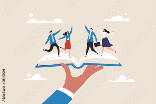 Employee handbook, manual for onboarding new staff, procedure or rule for welcome new hire to know company, business manual for success concept, businessman hand holding handbook with new employees.