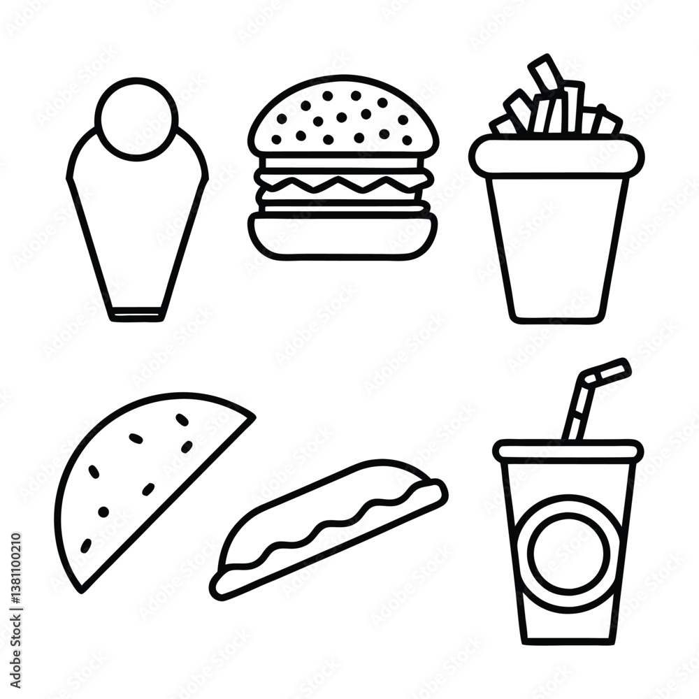Fast food icon design outline vector set Fast food icon design outline vector set