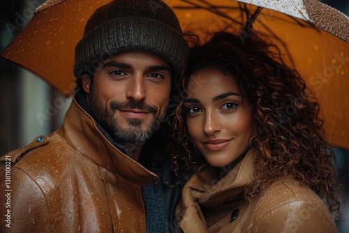 Happy adult couple walking at street in rainy day