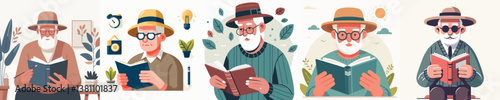 set of vectors of grandfathers reading books