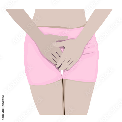 illustration of a woman holding back to cover her genital area in the groin area with her hands without a background