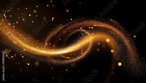 golden sparkling swirl of glittering dust particles on dark background