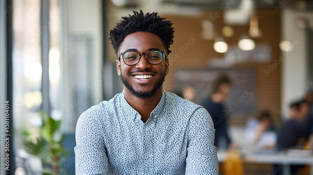 Fototapeta premium An entrepreneur smiles confidently after launching a successful startup.